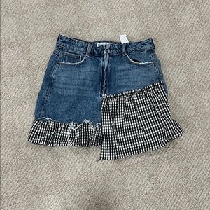 Chic Asymmetrical Denim and Gingham Skirt